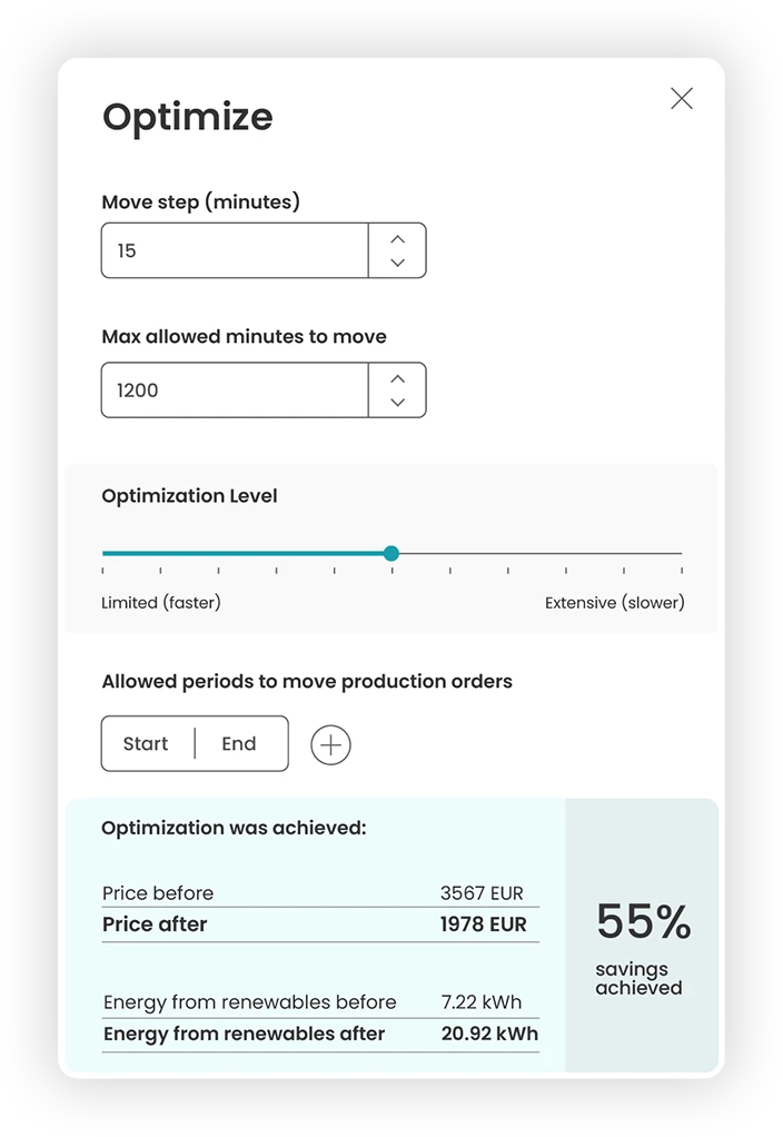 The Optimize panel: move step, hours to move, optimization level, and the price before and after
