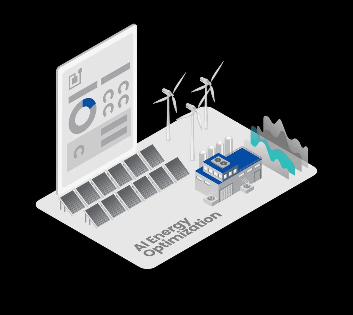 Illustration of solar panels, wind turbines and a factory with an energy dashboard