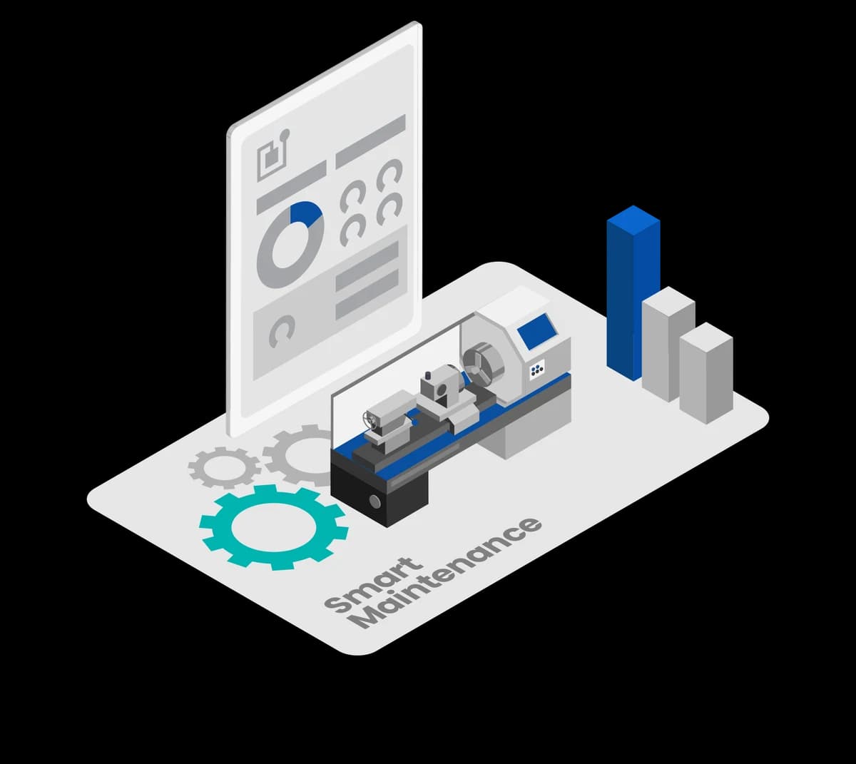Illustration of a machine with a gear, a chart and a maintenance dashboard