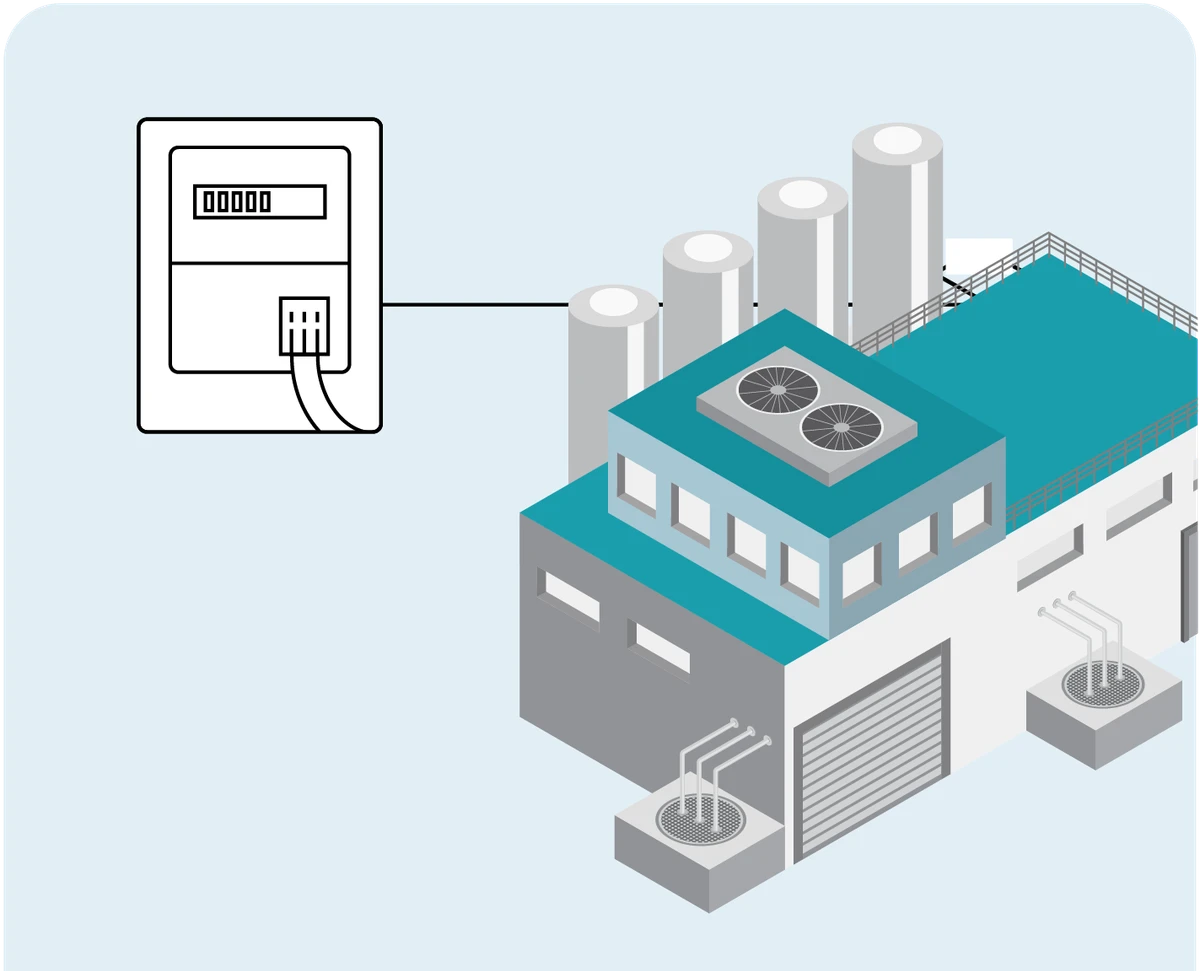 Drawing of a power meter connected to a factory building