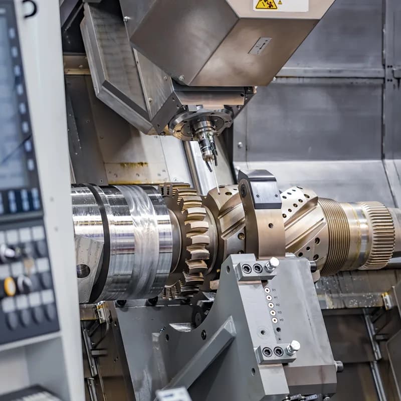 Close-up of a CNC lathe with its tool turret