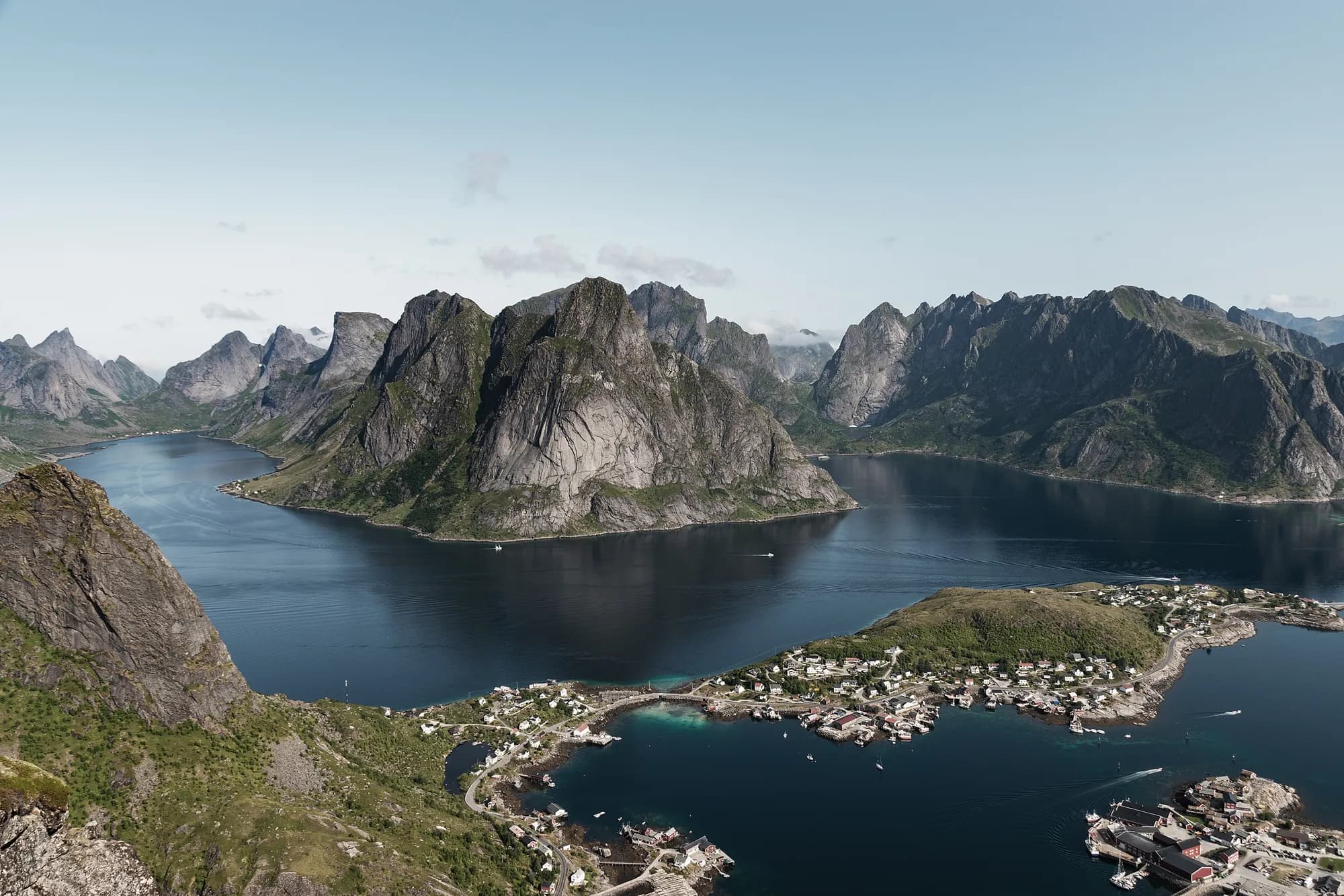 Mountains and a fjord village in Lofoten, Norway